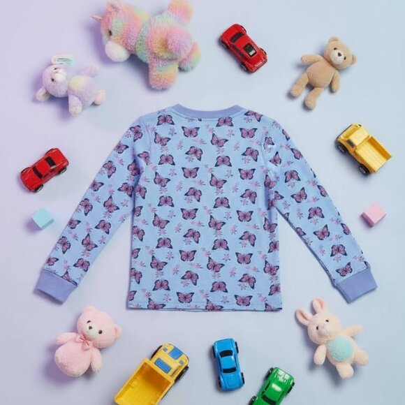 Blue Butterfly Kids Pajama Top – Back View with Cute Toys - Picture 5 of 5